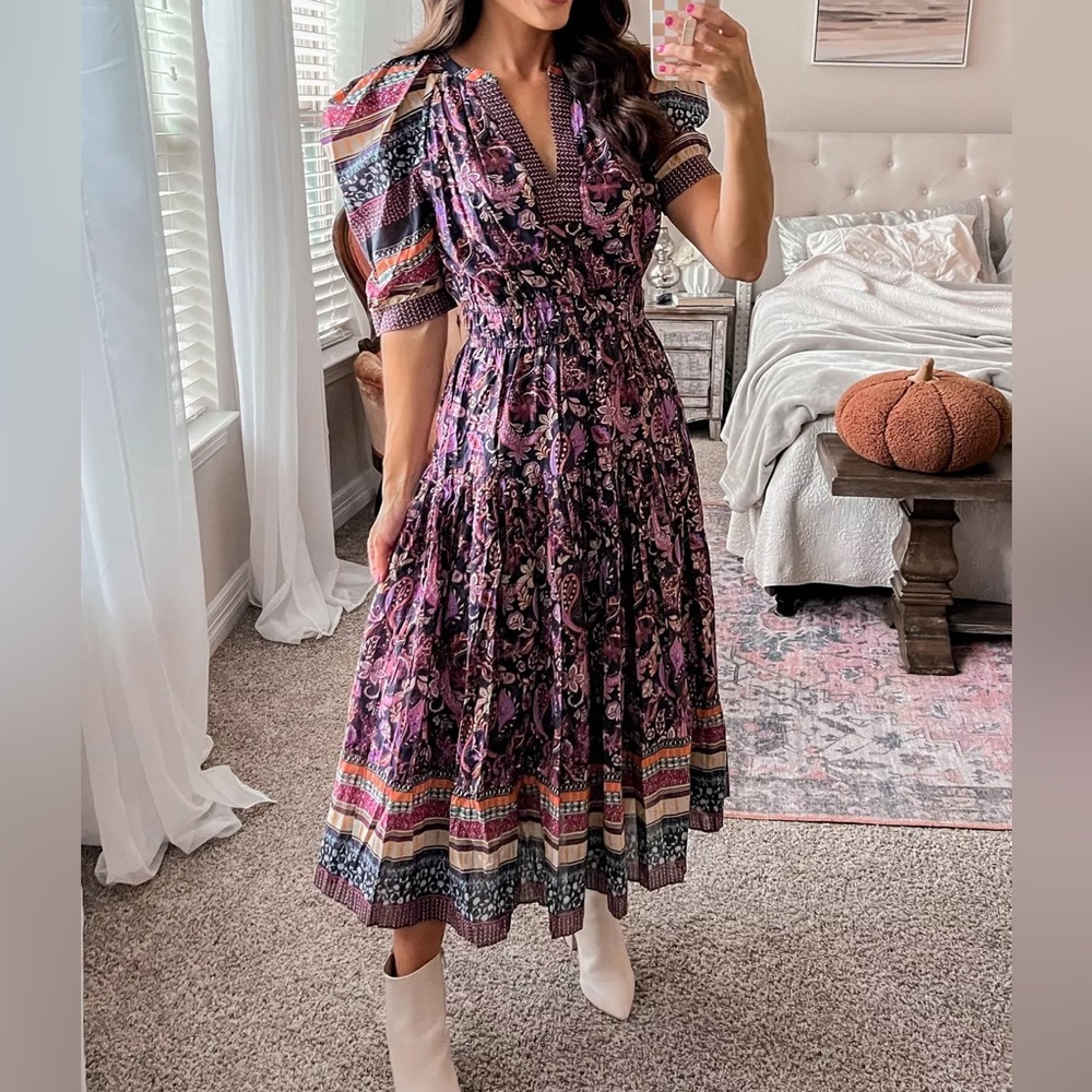 Anthropologie Purple Paisley Puff-Sleeve Midi Dress